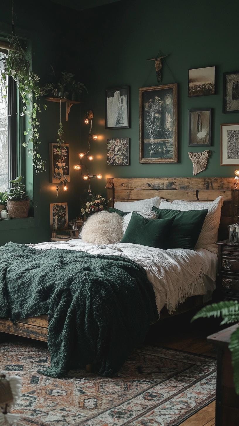 23 Atmospheric Boho bedroom ideas for copying 5 1. Dark green walls with layered boho textiles and dark lighting-2