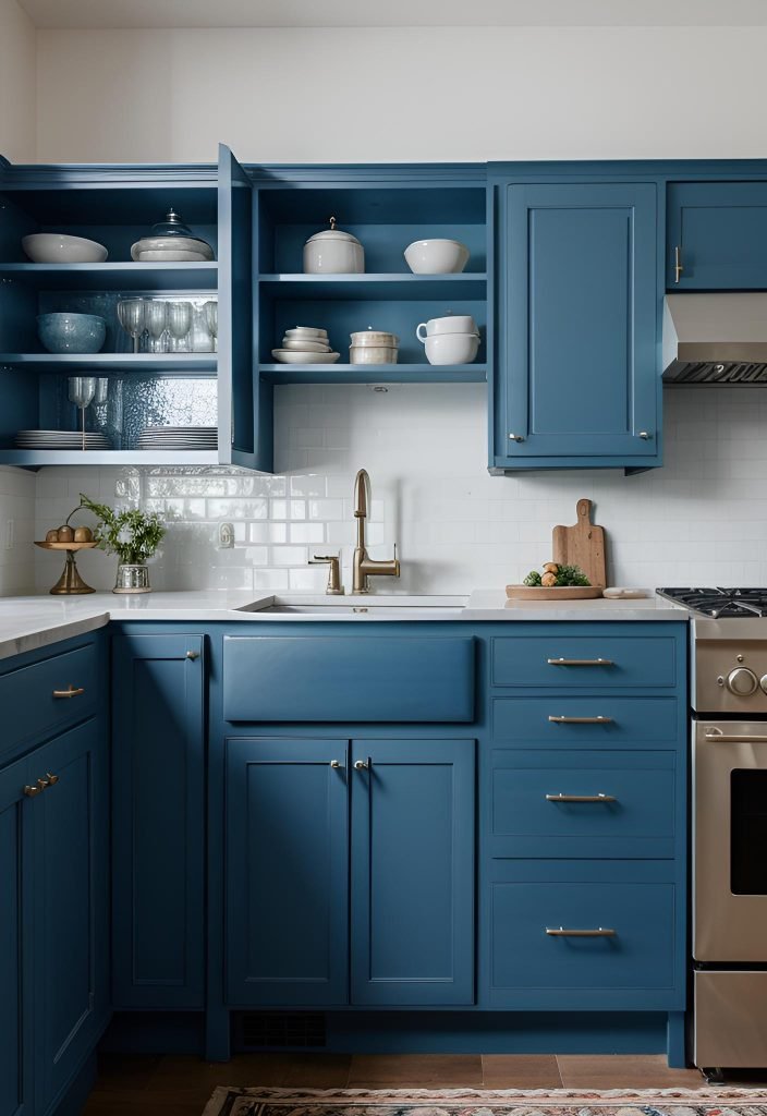 39 Trendy Blue Kitchen Cabinet Ideas: with Cool, Sophisticated Vibes 18 13. Denim Blue Kitchen Cabinets Trend-1