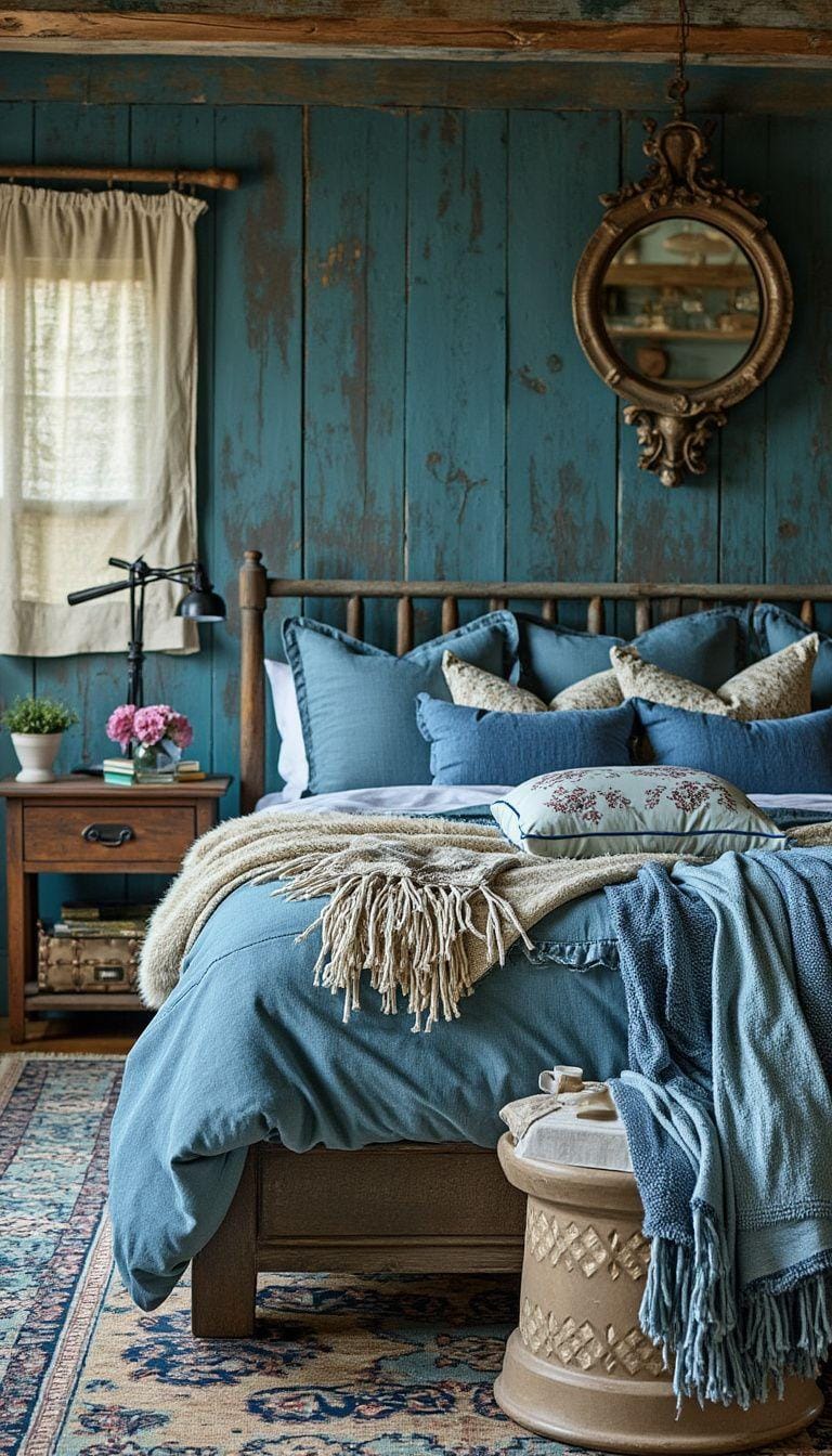21 Best Blue Boho bedroom ideas to inspire you 7 2. Denim Daybreak: Soft a robust denim blue with soft creams and turquoise by layered textiles-0