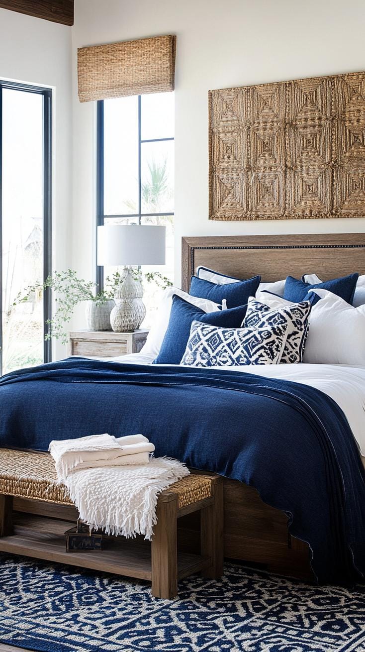 21 Best Blue Boho bedroom ideas to inspire yourself 8 2. Denim Daybreak: Soft a robust denim blue with soft creams and turquoise by layered textiles-1
