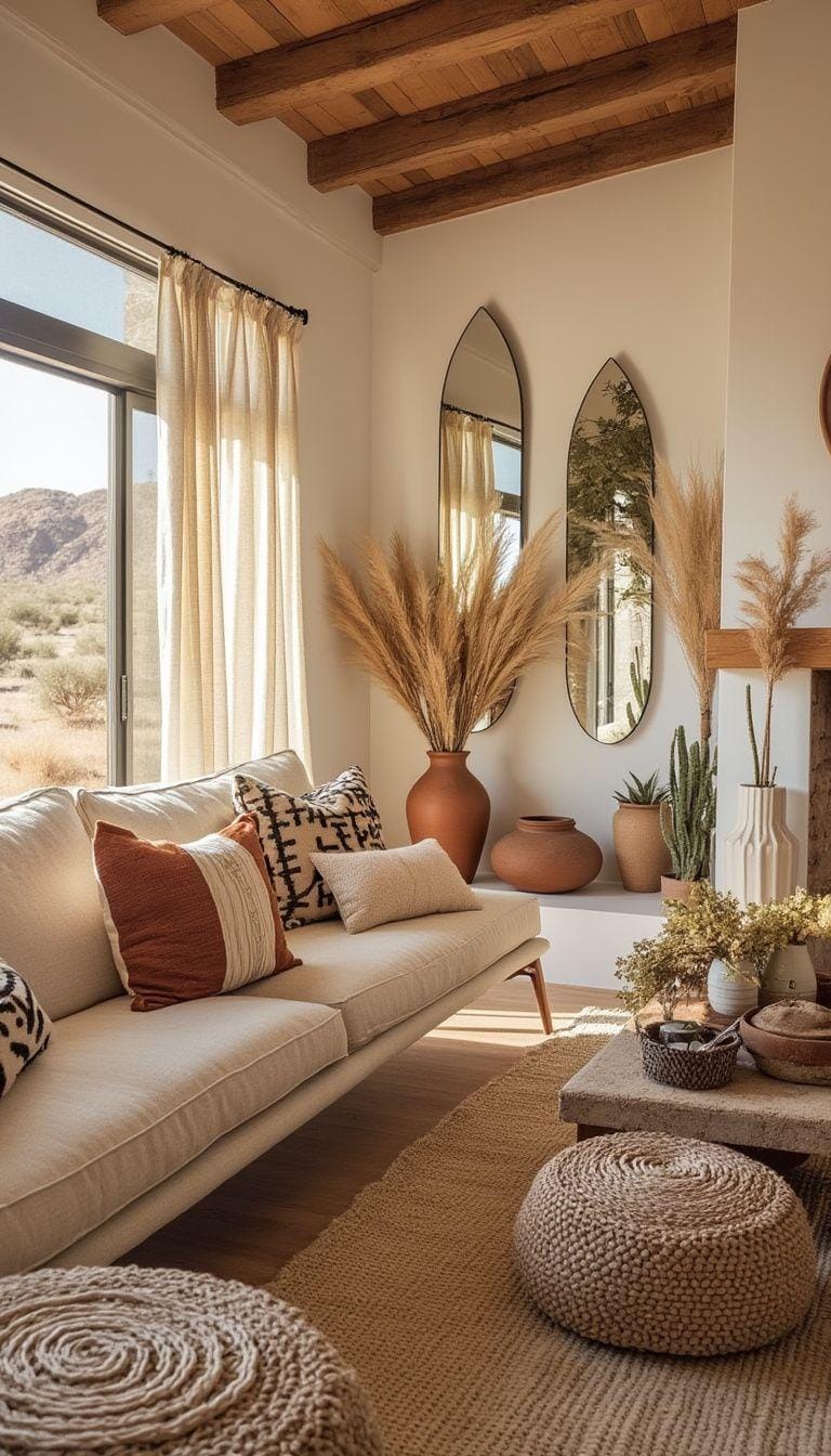 23 einzigartige Boho Farmhouse Wohnzimmer Ideen zum Kopieren 40 13. Desert Boho: Integrieren Sie Tontöpfe und Sonnenstrahlspiegel mit neutralen Tönen, die durch pflanzliche getrocknete Arrangements und gewebte Textilien hervorgehoben werden.