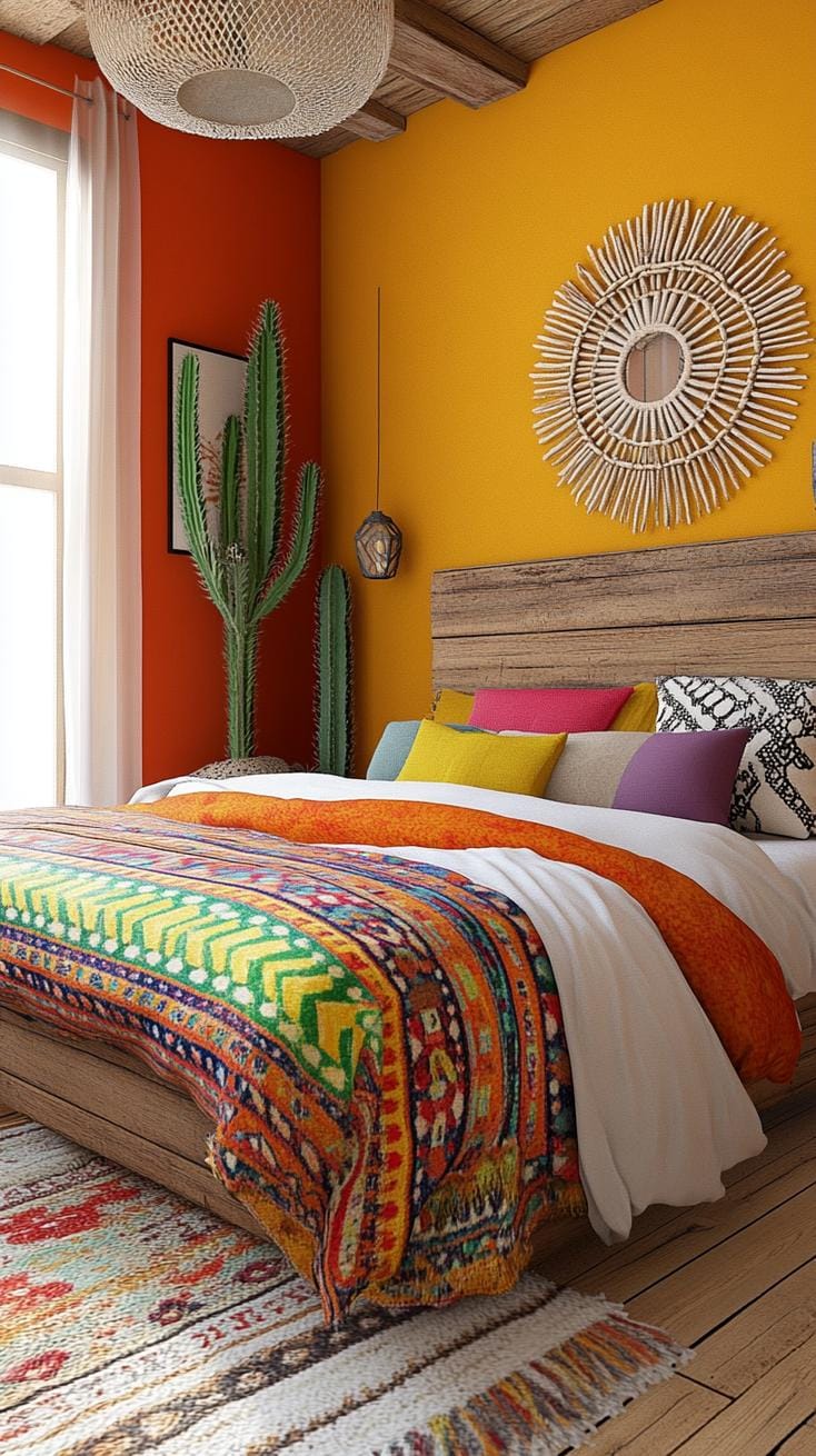 21 colorful boho bedroom ideas for a bizarre hippie -vibe 17 6. Desert sunset sanctuary: layer of warm red, oranges and yellow with wooden elements and cactus plants-0