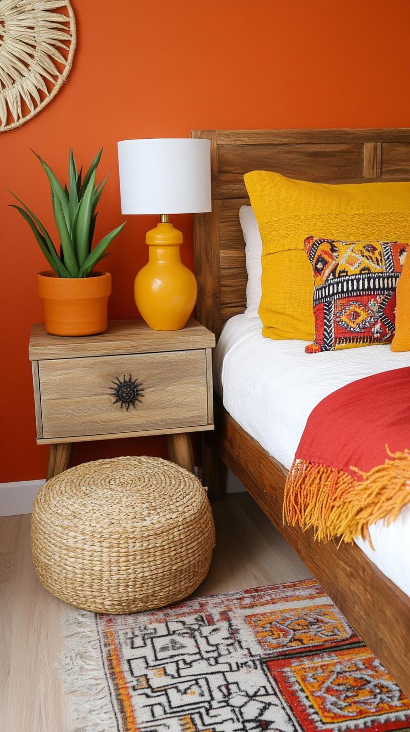 21 colorful boho bedroom ideas for a bizarre hippie mood 18 6. Desert sunset sanctuary: layer of warm red, oranges and yellow tones with wooden elements and cactus plants-1