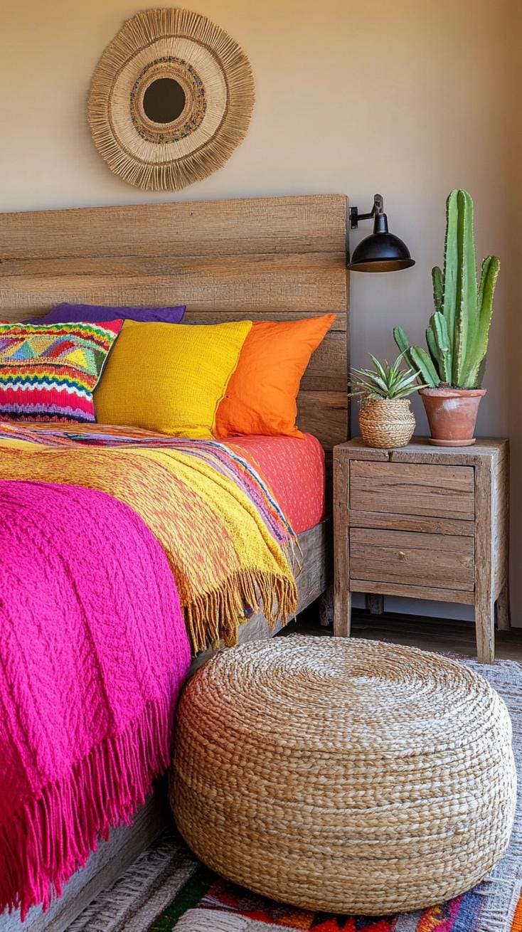 21 colorful boho bedroom ideas for a bizarre hippie mood 19 6. Desert sun sanctuary: layer of warm red, oranges and yellow with wooden elements and cactus plants-2