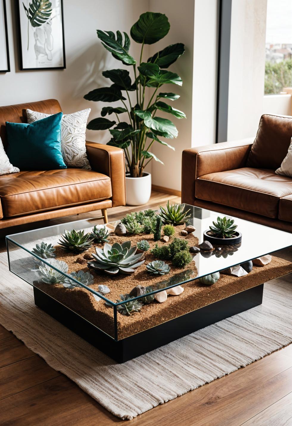 45 Chic & Modern Boho Living Room Ideas To Copy 39 16. Desert Terrarium Coffee Table Design-1