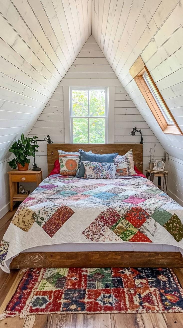21 sweet attic bedroom ideas that you will love 23 7. Design an escape in the farmhouse in style with ship walls, a quilted spoke and antique wooden furniture-0