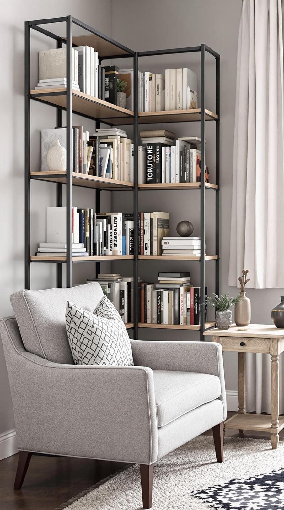 21 Best industrial farmhouse living room ideas for inspire 27 9. Design a reading corner with a bookshelf with a metal frame, a plush armchair and a needy wooden nagic-0