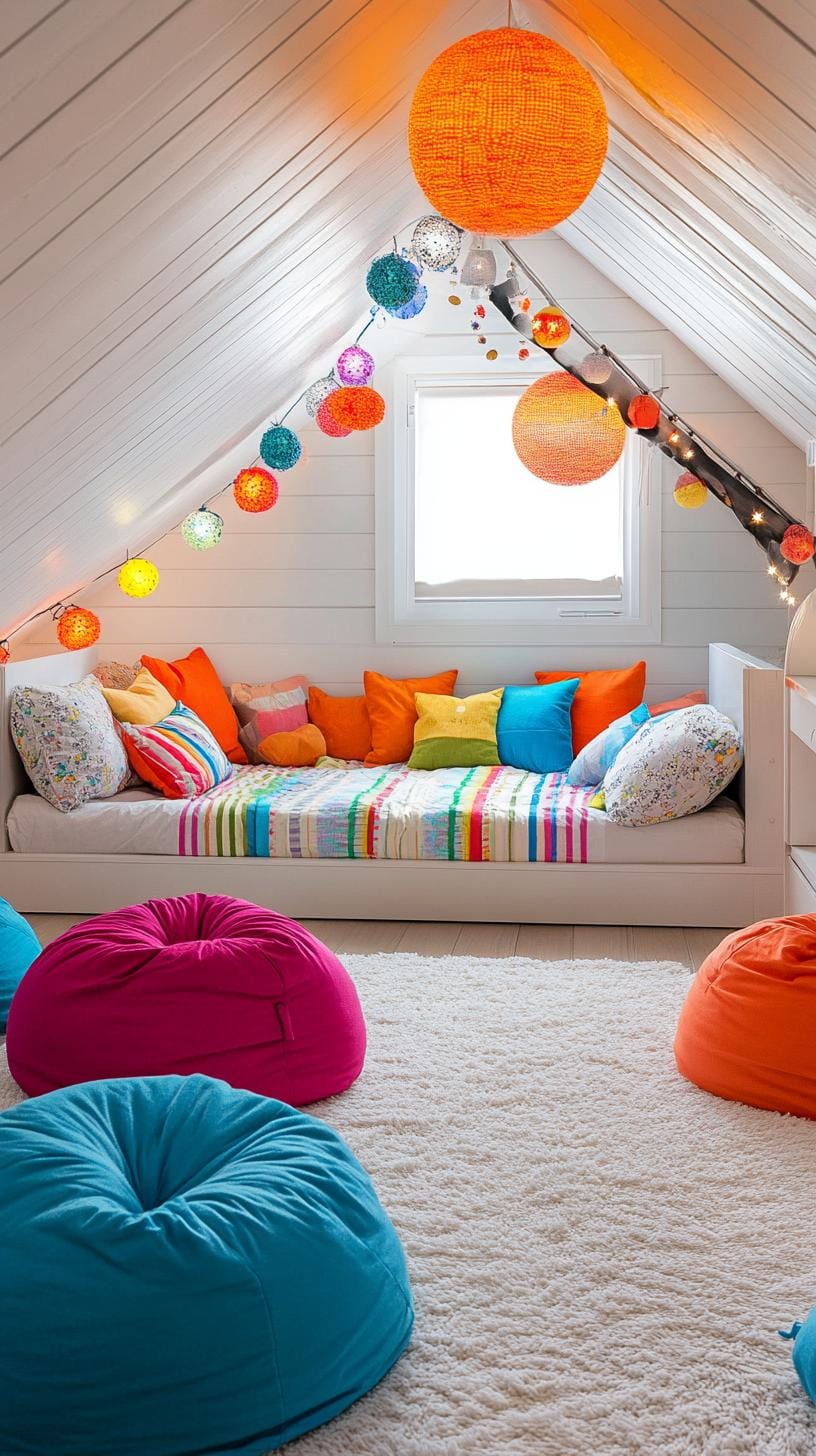 21 sweet attic bedroom ideas that you will love 35 11. Design a teenage space with an attic bed, bean bags and an energetic range of neon-color-0