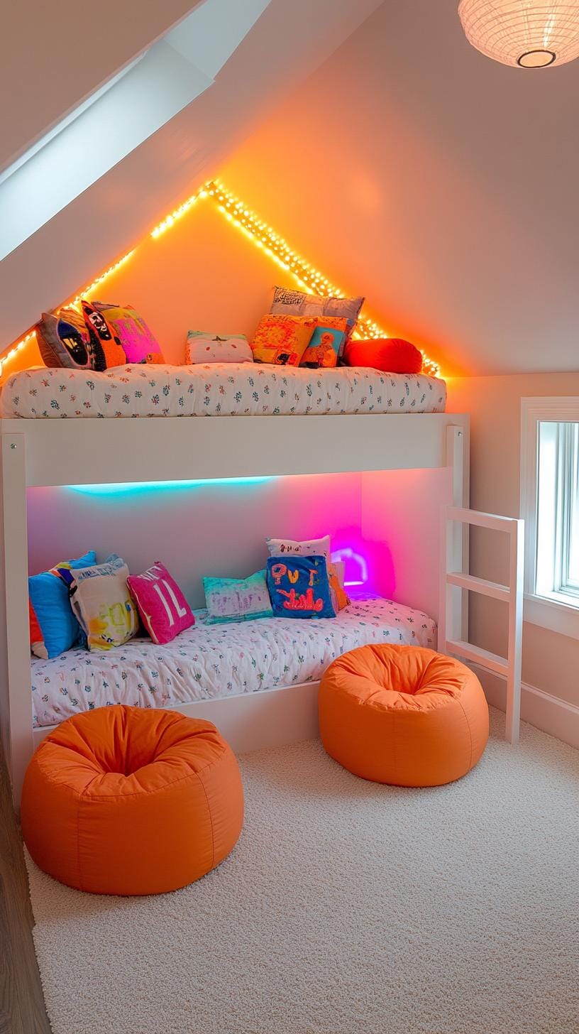 21 sweet attic bedroom ideas that you will love 36 11. Design a teenage space with a loft bed, bean bags and an energetic pallet of neon-color-1