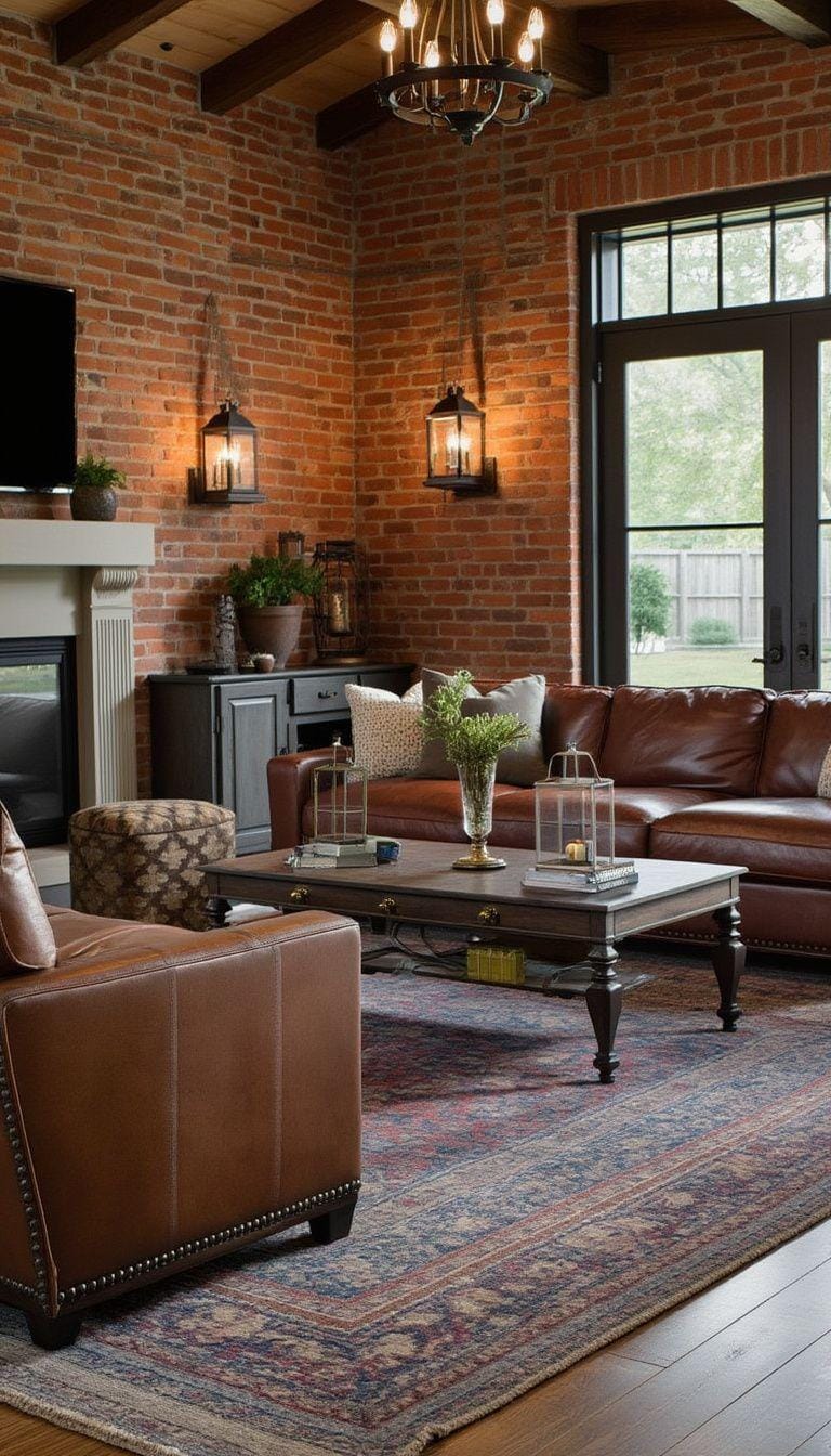 21 Best industrial farmhouse living room ideas to inspire 6 2. Design an inviting living room for farmhouse with exposed walls, leather sofas and iron lanterns that offer a warm ambience-0