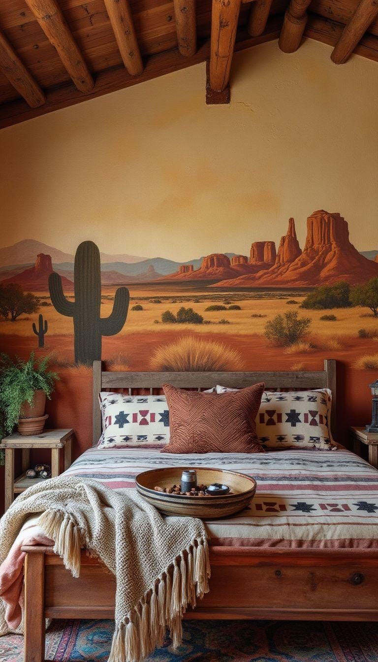 21 Breathtaking Western Boho Bedroom Ideas to inspire you 60 19. Design an accent wall with hand -painted desert scenes or geometric murals inspired by the American indigenous people