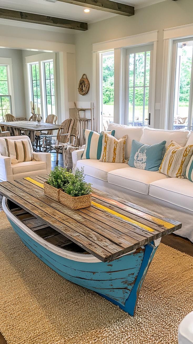 20 unique coastal farmhouse living room ideas, the woW 21 6. Design with repeated boat wood furniture as a statement elements-1