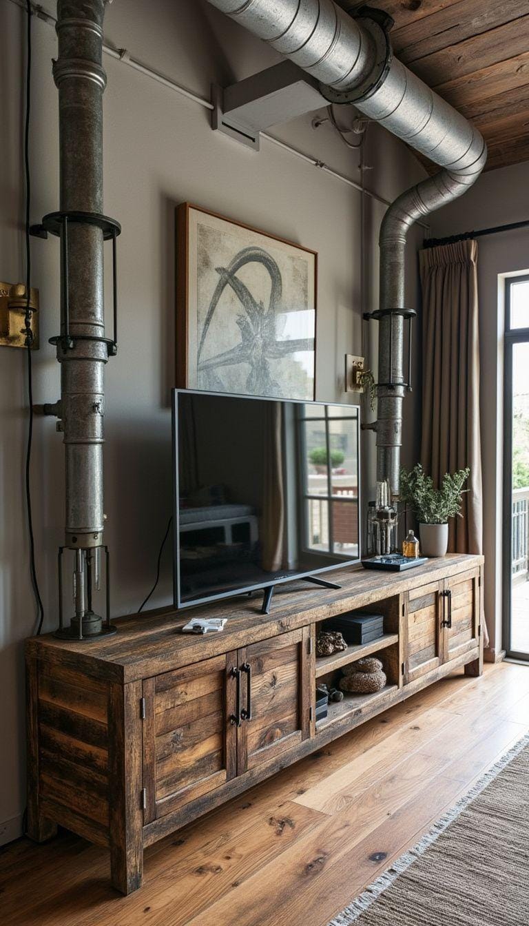 21 Best industrial farmhouse living room ideas to inspire 39 39 13. Show a rustic TV unit made of recovered wood and combine it with exposed channels and modern industrial edges for a mixed style-0