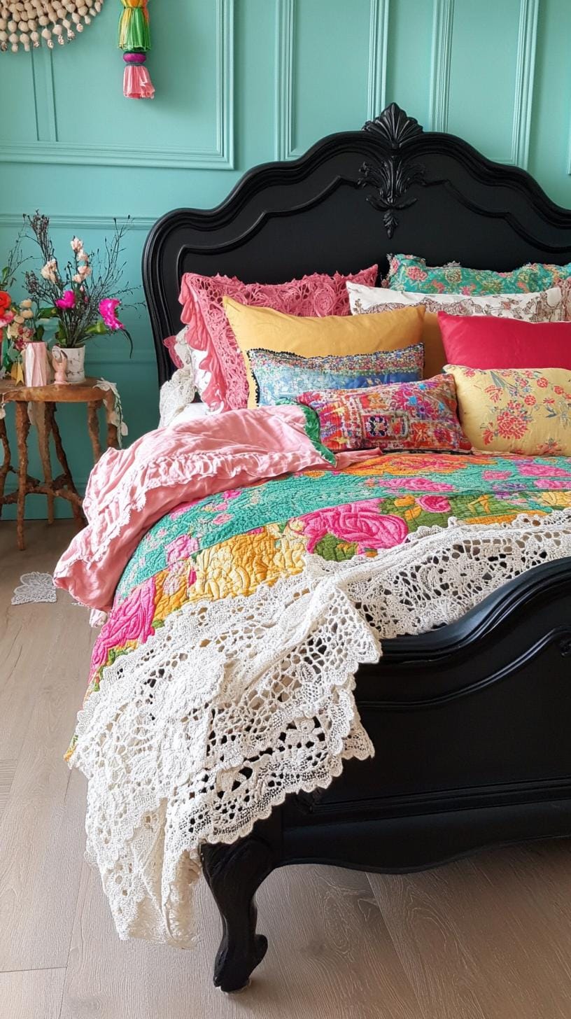 19 Best Gothic Boho bedroom ideas for a dreamy sanctuary 9 9 3 .. Desized black bed frame with plush-colored fabrics and pillows with complicated top accents-0.