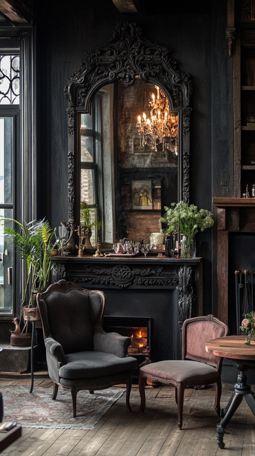 19 cozy, atmospheric farmhouse living room ideas, the wow 40 13. Dramatic mirror for Moody Farmhouse-0