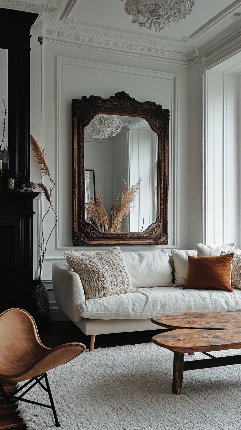 19 Cosy Moody farmhouse living room ideas, the WoW 41 13. Dramatic mirror for Moody Farmhouse-1