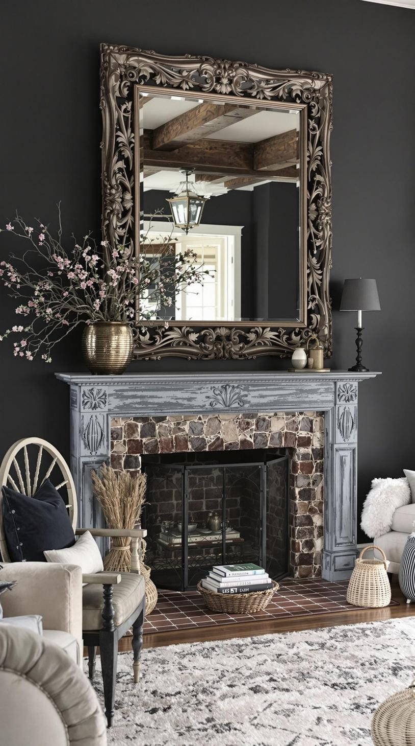 19 Cosy Moody farmhouse living room ideas, the WoW 42 13. Dramatic mirror for Moody Farmhouse-2