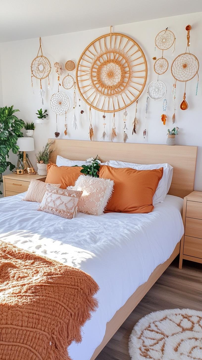 20 beautiful Boho bedroom for teenagers: ideas for 2025 33 11. Dream catcher installation: hang a number of dream catchers in different sizes and colors above the bed as a focus on point-0