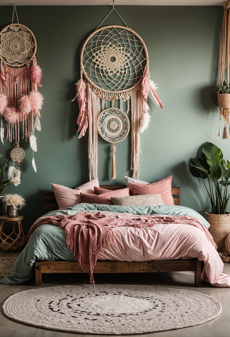 31 Chic Sage Green and Pink Bedroom Inspirations 3 1. Dreamy Boho Bedroom Decor-0