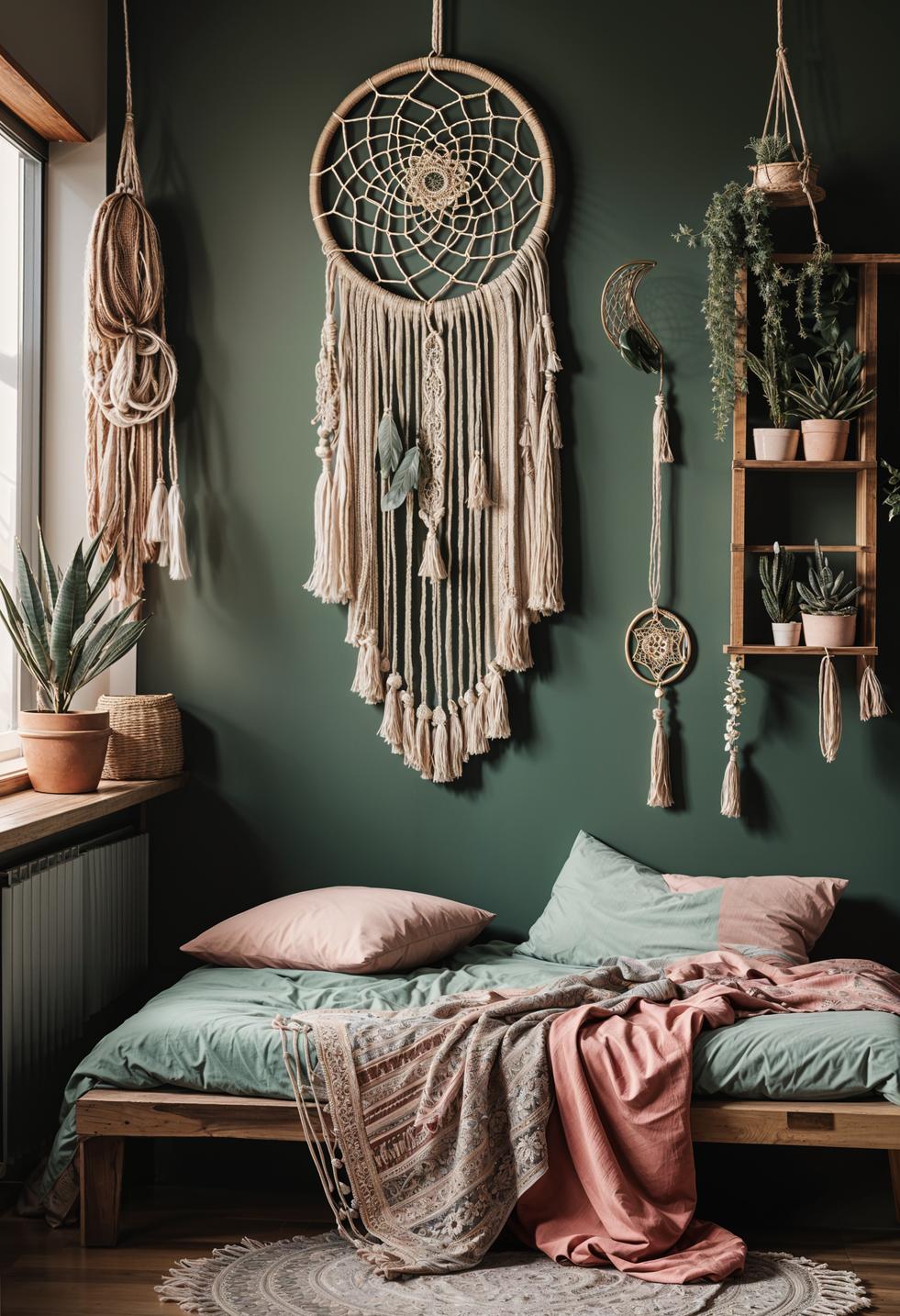 31 Chic Sage Green and Pink Bedroom Inspirations 4 1. Dreamy Boho Bedroom Decor-1