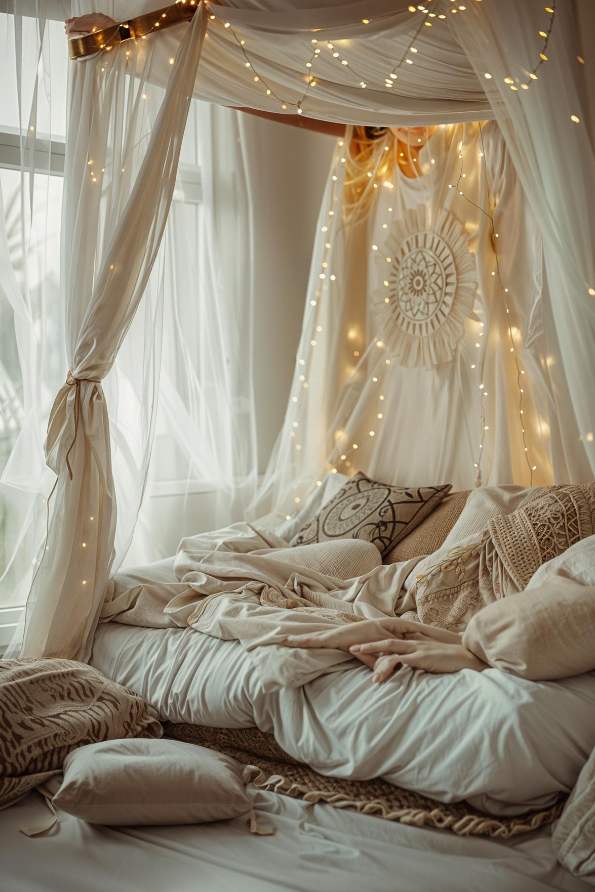 29 wunderschöne neutrale Boho -Schlafzimmer: verträumte und entspannende Räume 25 11. Dreamy Boho Schlafzimmer Escape-1
