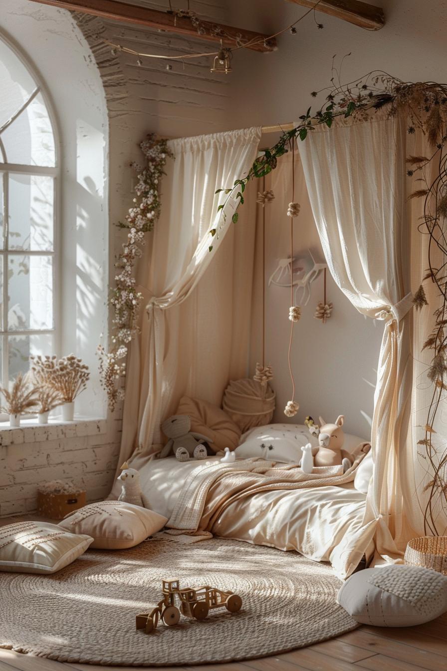 29 wunderschöne neutrale Boho -Schlafzimmer: verträumte und entspannende Räume 45 21. verträumte Boho-Kinderspielzimmer-0