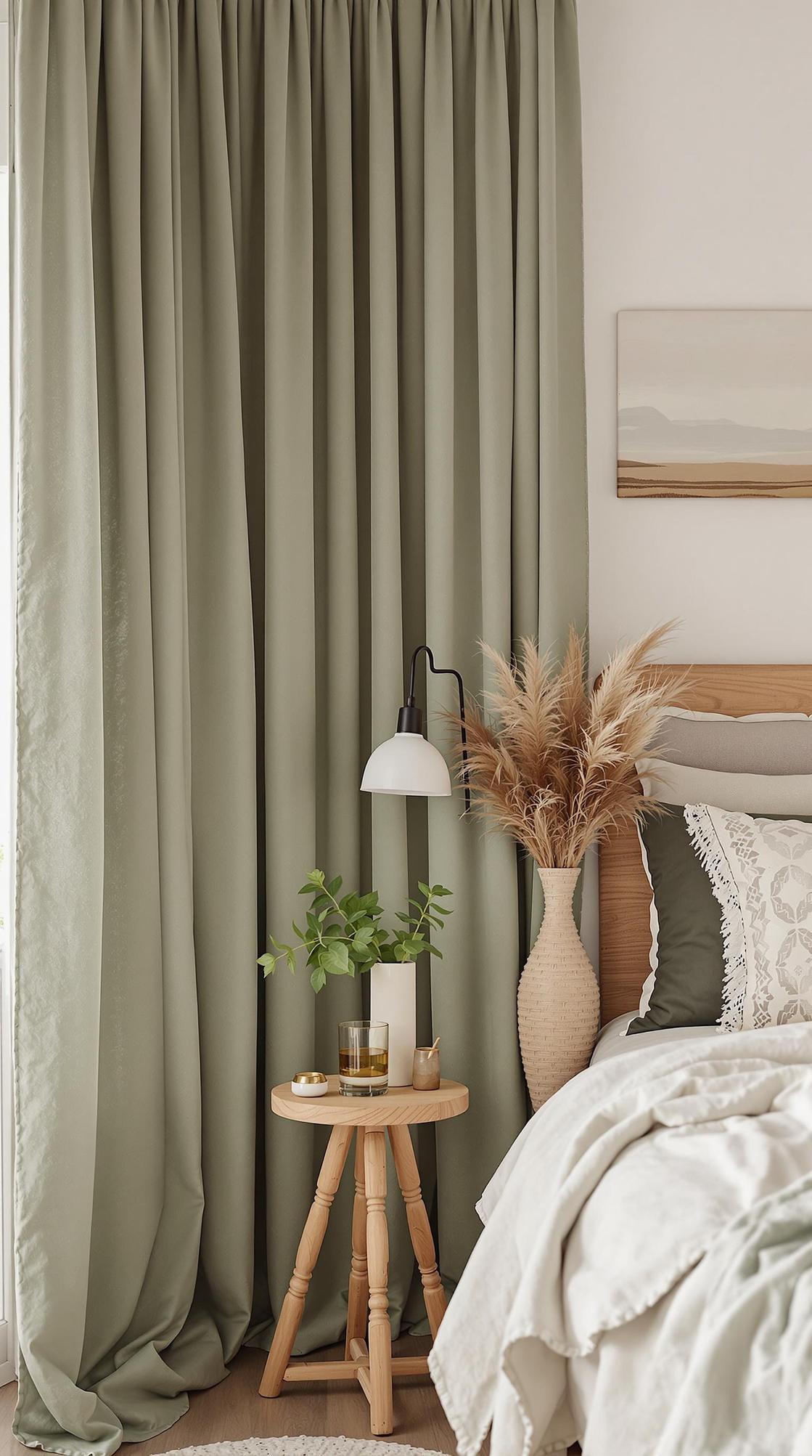 25 einzigartige Salbei grüne Boho Schlafzimmer Ideen für 2025 76 24. Draumhafte Vorhänge: hängen grünes oder gemischtem erdtöntem Vorhänge für ein luftiges, freigeistiges Feeling-0