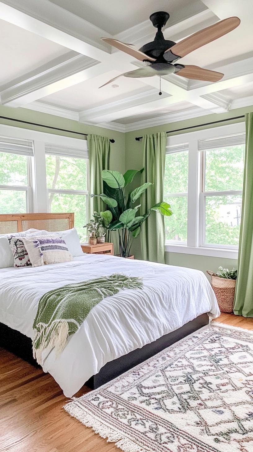 25 einzigartige Salbei grüne Boho Schlafzimmer Ideen für 2025 77 24. Dreumy Drapes: hängen grünes oder gemischtem erdtöntem Vorhänge für ein luftiges, freigeistiges Gefühl-1
