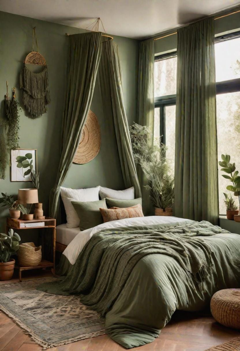 25 einzigartige Salbei grüne Boho Schlafzimmer Ideen für 2025 78 24. Dreumy Drapes: Hängen Sie Sage Green oder gemischte erdtönte Vorhänge für ein luftiges, freigeistiges Gefühl 2
