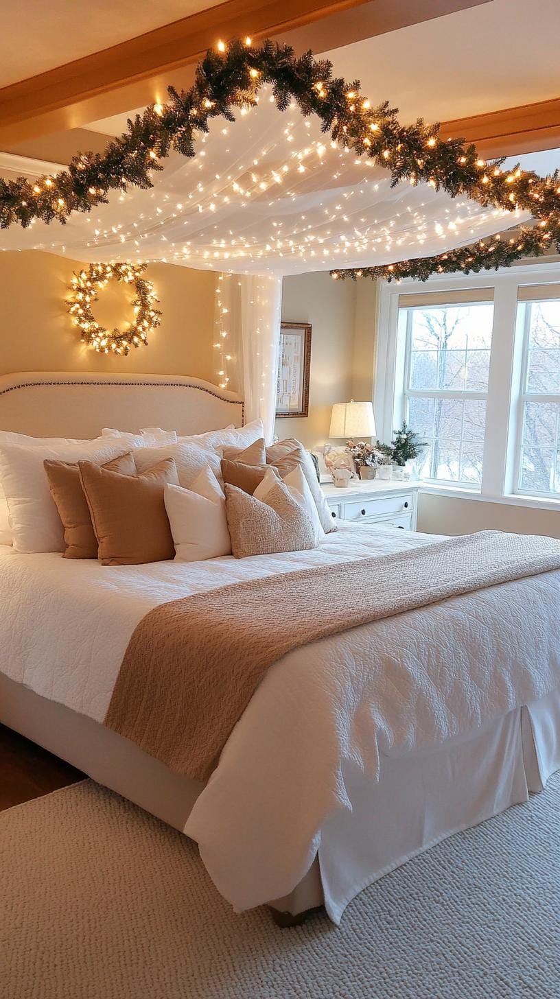 21 new bedroom ideas for your 2025 refreshment 50 18. Women's canopy bed with false snow and fairy lights decorated