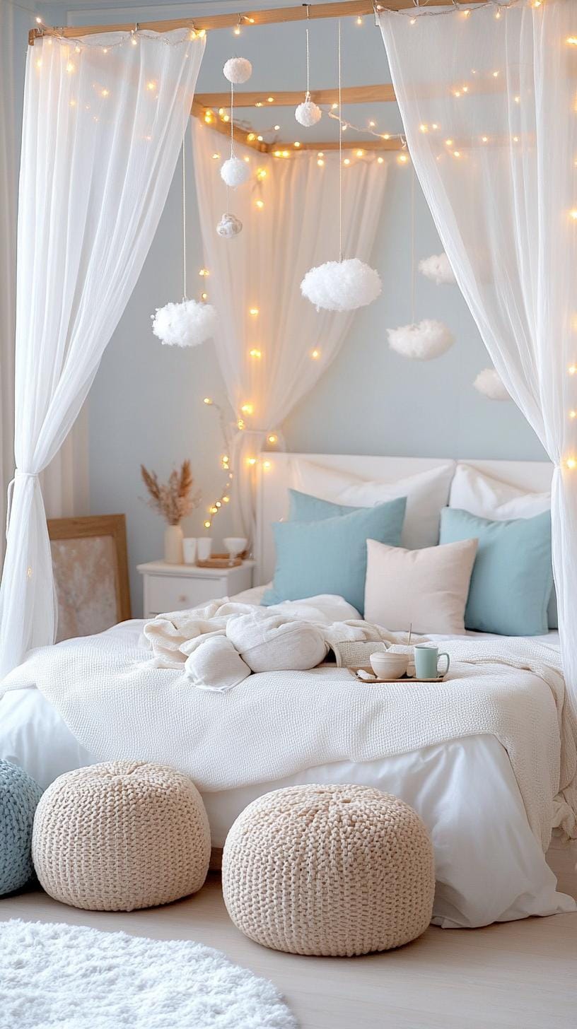 21 new bedroom ideas for your 2025 refresher 51 18. Womeland-like canopy bed with false snow and fairy lights-1 decorated