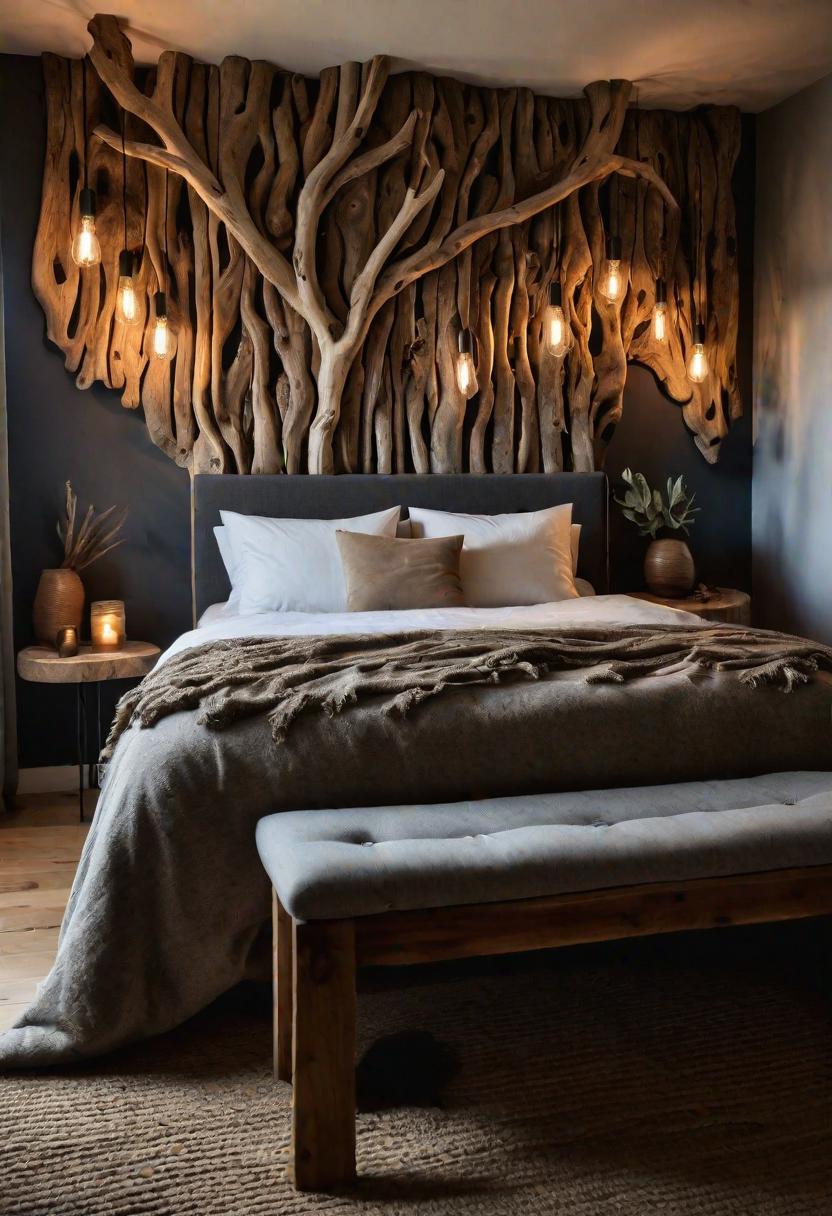 36 Earthy Bedroom Ideas for a Serene Space 23 11. Driftwood Art & Lighting-0