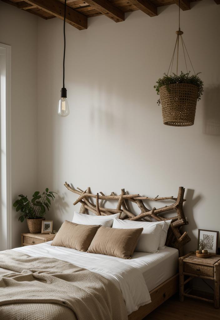 36 Earthy Bedroom Ideas for a Serene Space 24 11. Driftwood Art & Lighting-1