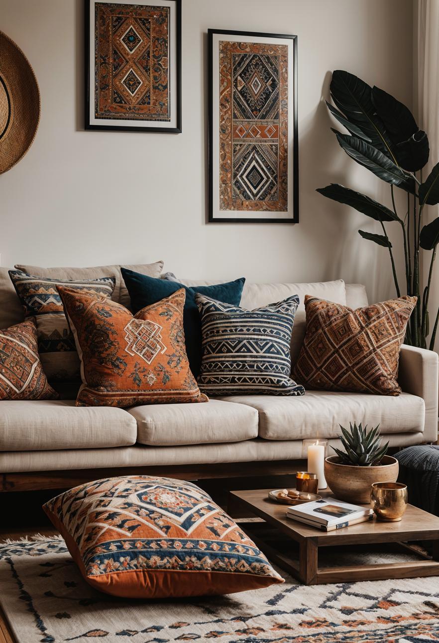 45 Chic & Modern Boho Living Room Ideas To Copy 80 37. Dual-Print Decor Cushions-0