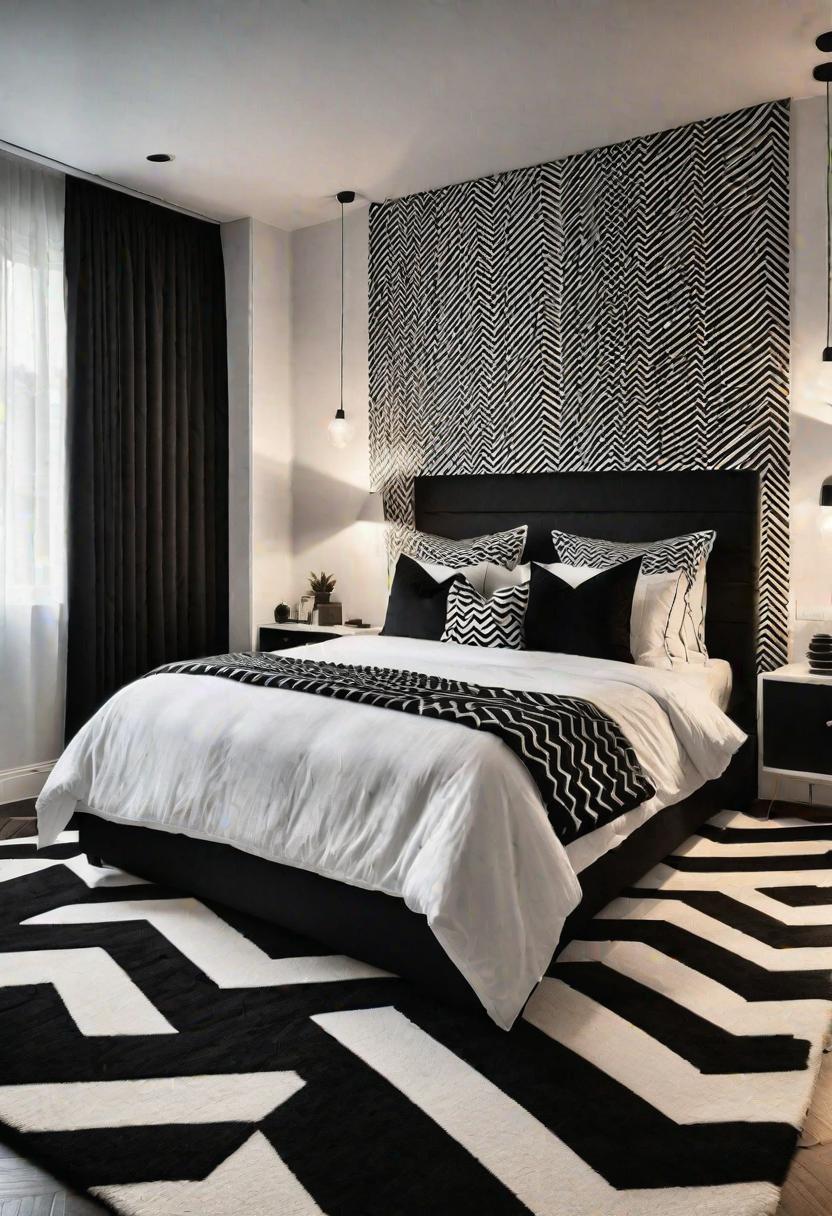 45 Black and White Bedroom Ideas for Timeless Elegance 9 7. Dynamic Chevron Rug for Bedrooms-0