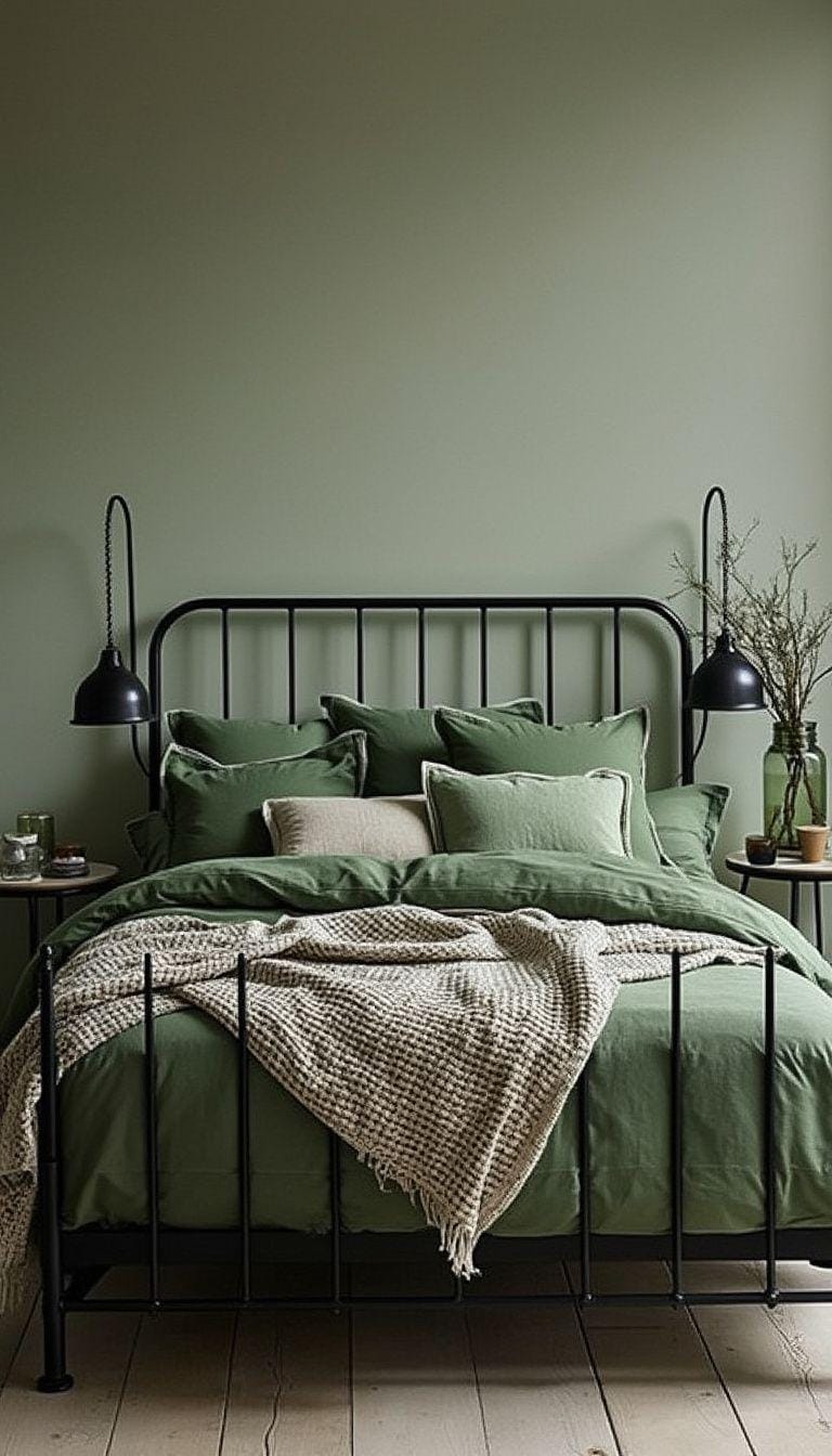20 elegant black and green bedroom ideas that you have to see 21 7. Earth meets metal: Insect black wrought-iron bed frames, which with natural green bed linen-tönen-0 in contrast