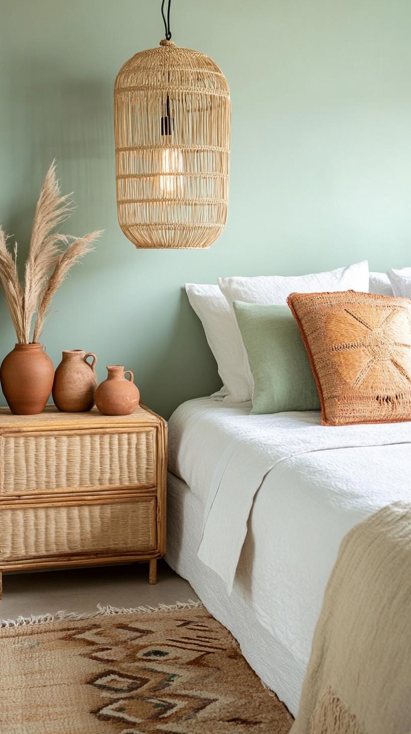 25 einzigartige Salbei grüne Boho Schlafzimmer Ideen für 2025 18 6. erdige Eleganz: Mischen Sie Sage Walls mit Terrakotta-Keramikakzenten und gewebten Strohbeleuchtungskörpern-0