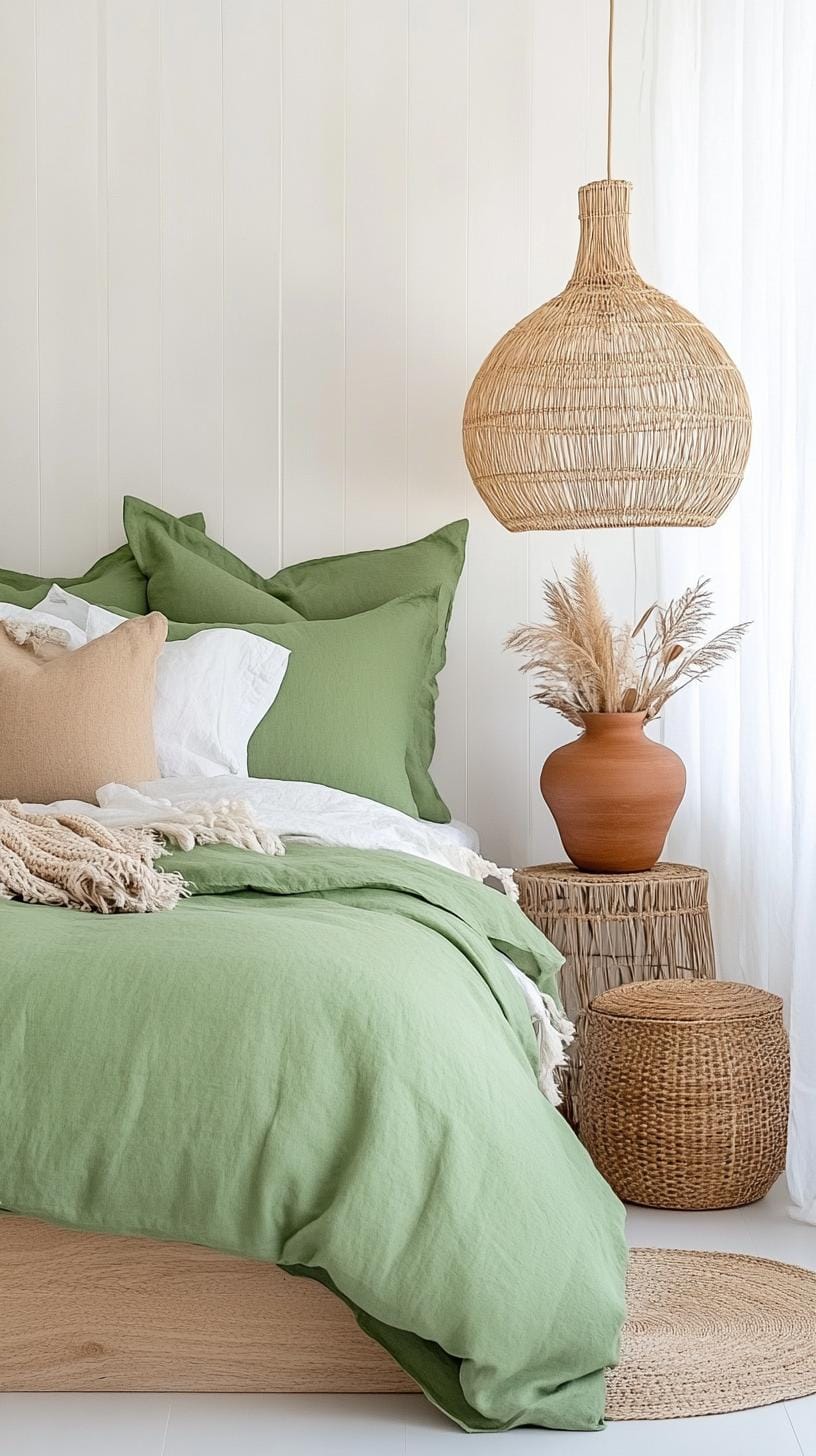 25 einzigartige Salbei grüne Boho Schlafzimmer Ideen für 2025 19 6. erdige Eleganz: Mischen Sie Sages Walls mit Terrakotta-Keramikakzenten und gewebten Strohbeleuchtungsleuchten-1