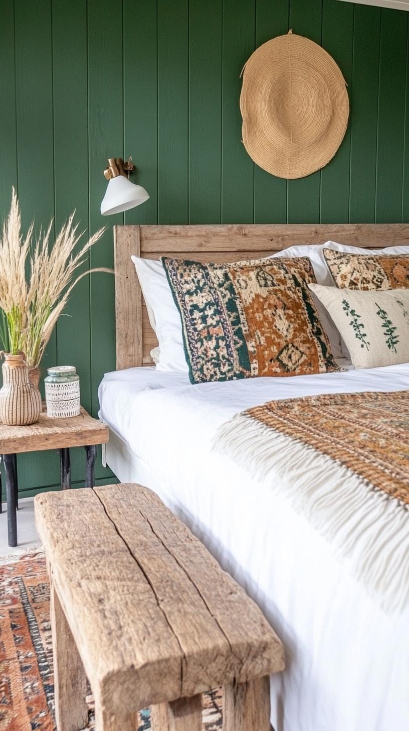 23 Modern Boho bedroom ideas that you will love immediately 13 4 .. Earth green accent walls and wood details-0