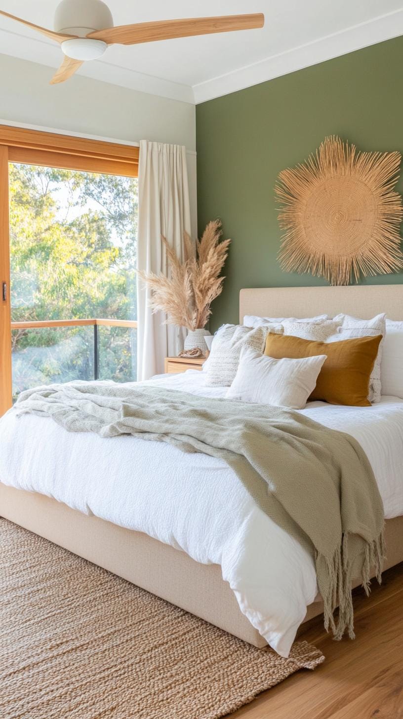 23 Modern Boho bedroom ideas that you will love immediately 14 4. Earth green accent walls and wood details-1