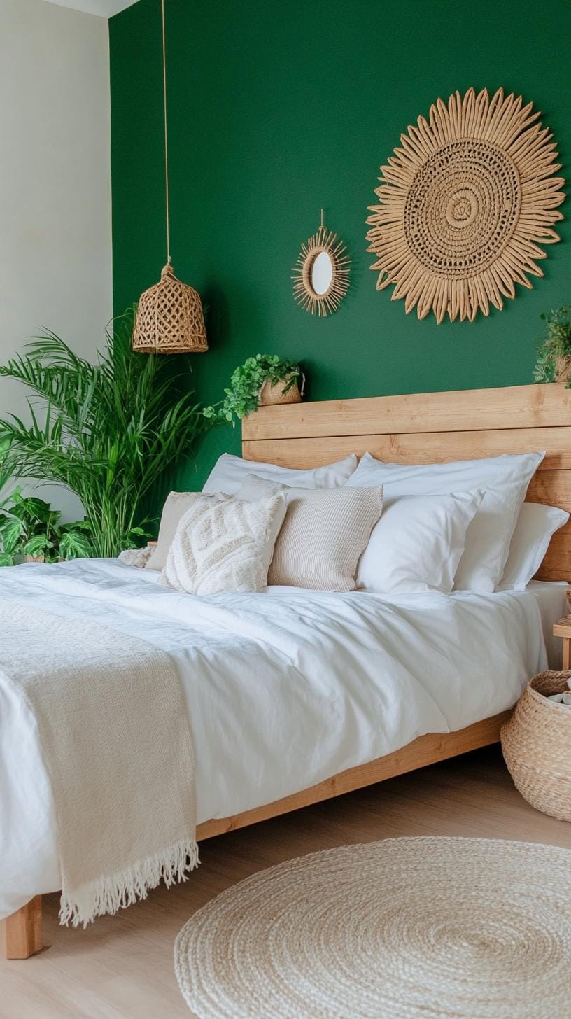 23 Modern Boho bedroom ideas that you will love immediately 15 4. Earth green accent walls and wood details-2