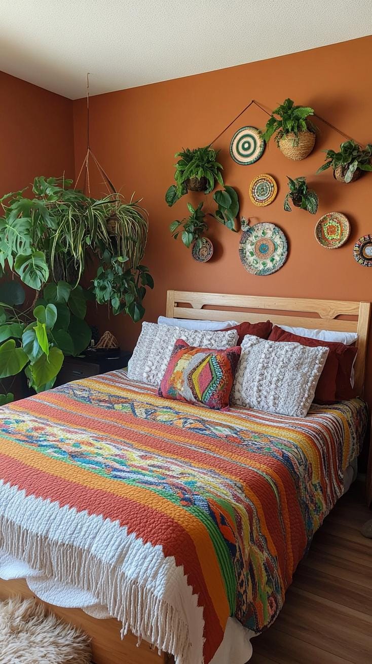 21 colorful boho bedroom ideas for a bizarre hippie -vibe 37 13. Earthy jungle escapade: Use deep forest green and terracotta-red with leaf plants-0
