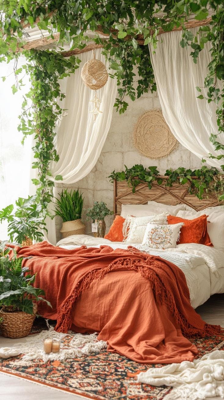 21 colorful boho bedroom ideas for a bizarre hippie -vibe 38 13. Earthy jungle escapade: deep forest green and terracotta-red with leaf plants-1 employ