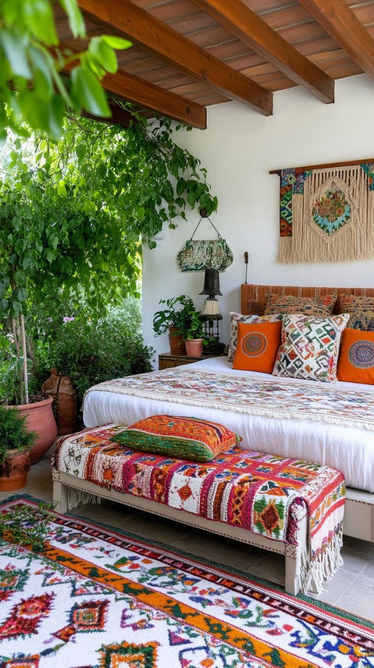 21 colorful boho bedroom ideas for a bizarre hippie atmosphere 39 13. Earthy jungle escapade: deep forest green and terracotta-red with leaf plants-2