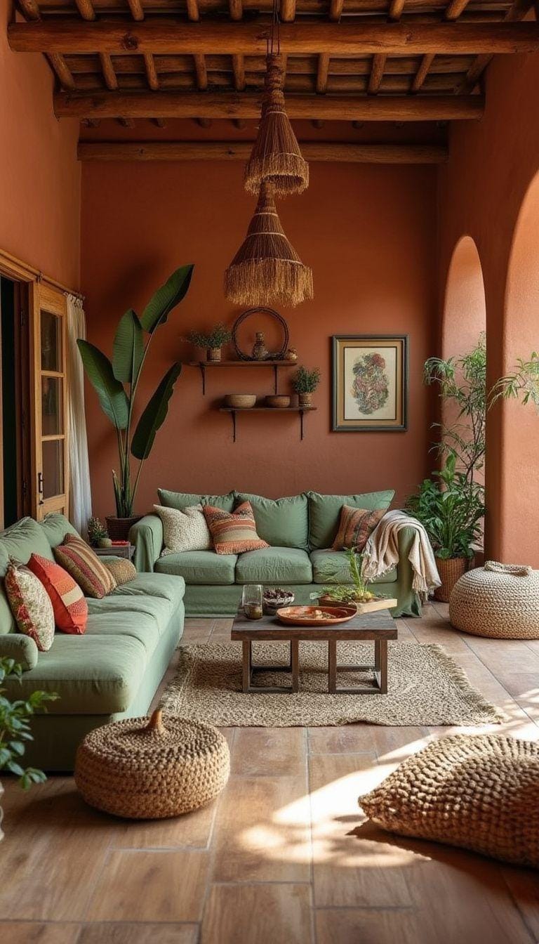 23 einzigartige Boho Farmhouse Wohnzimmer Ideen zum Kopieren 3 1. Erdige Oase: Integrieren Sie Terrakotta-Wände und Salbei-grüne Sitzgelegenheiten neben strukturierten Holzböden, mit gewebten Teppichen und Bodenkissen für entspannte Komfort-0.