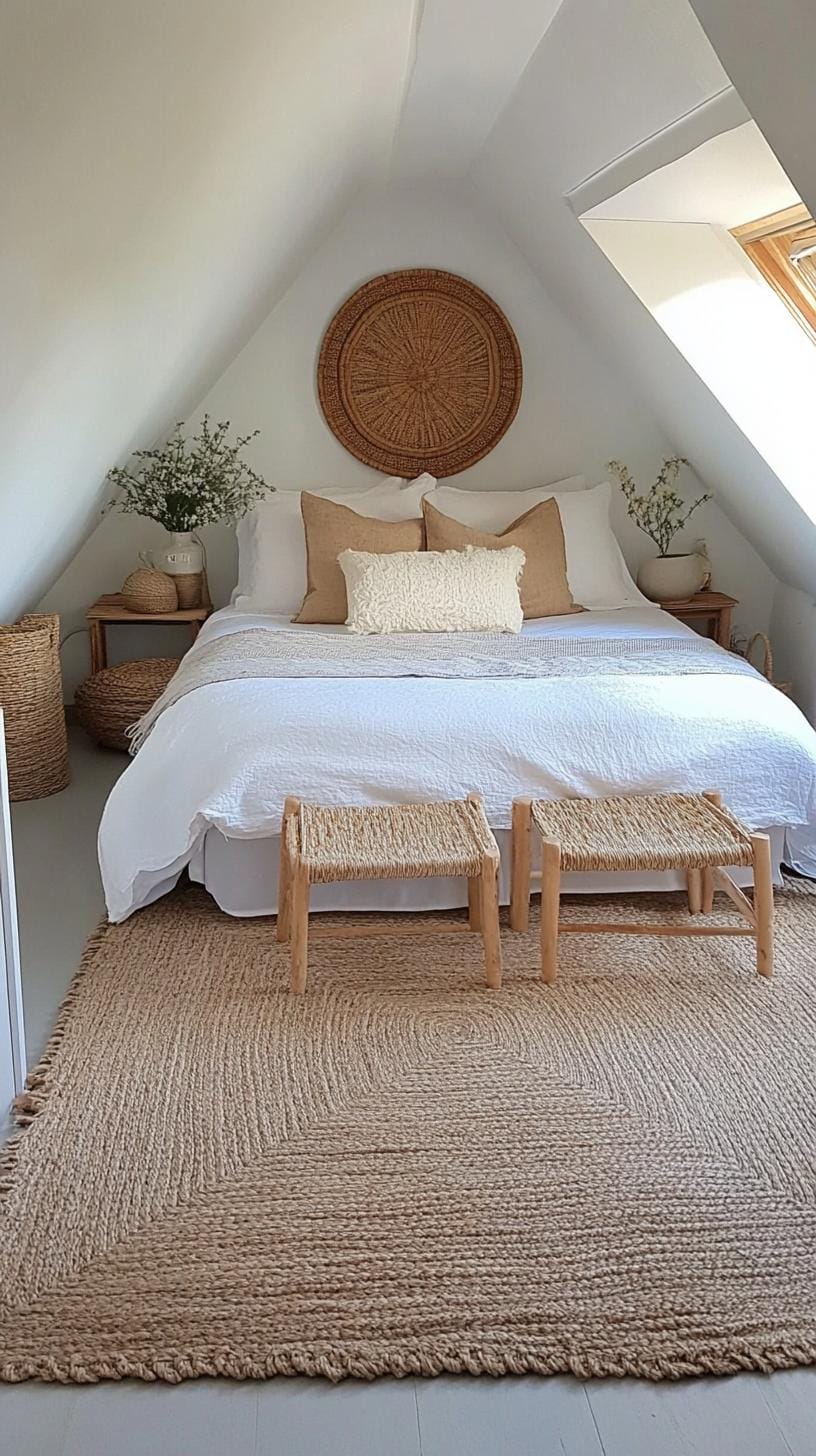 20 super cozy small roof tree bedroom ideas to explore today 54 17. Earthy organic comfort with warm tone tones and woven natural fiber carpets-2