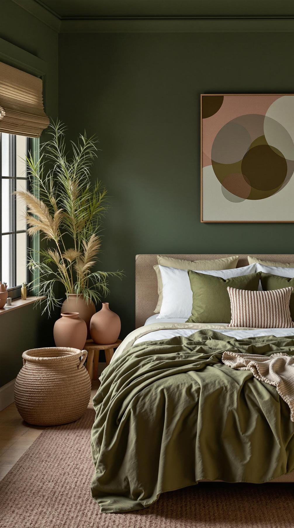 20 moody green bedroom ideas for a cozy retreat 16 5. Earth's withdrawal: Use olive green textiles with clay pots and woven textures for an organic feeling-0