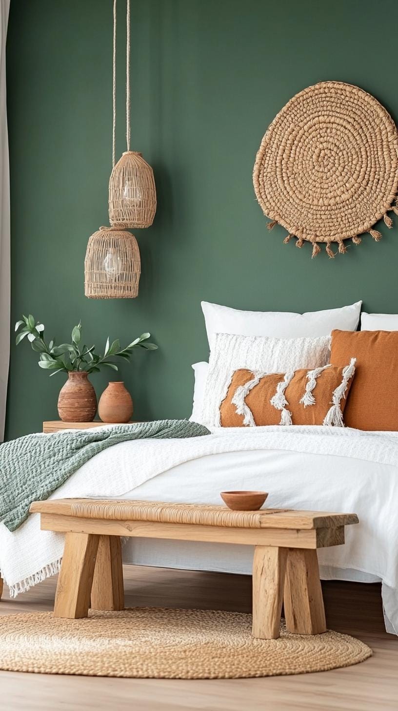20 moody green bedroom ideas for a cozy retreat 17 5. Earth's withdrawal: Use olive green textiles with clay pots and woven textures for an organic feeling-1