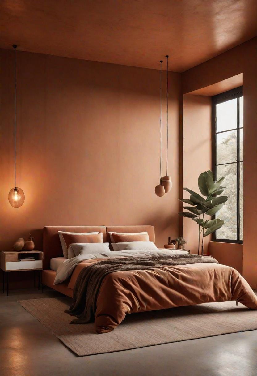 21 modern bedroom ideas for your 2025 makeover 59 18. Earth Modern center around terracottatones and organic decorative pieces 0