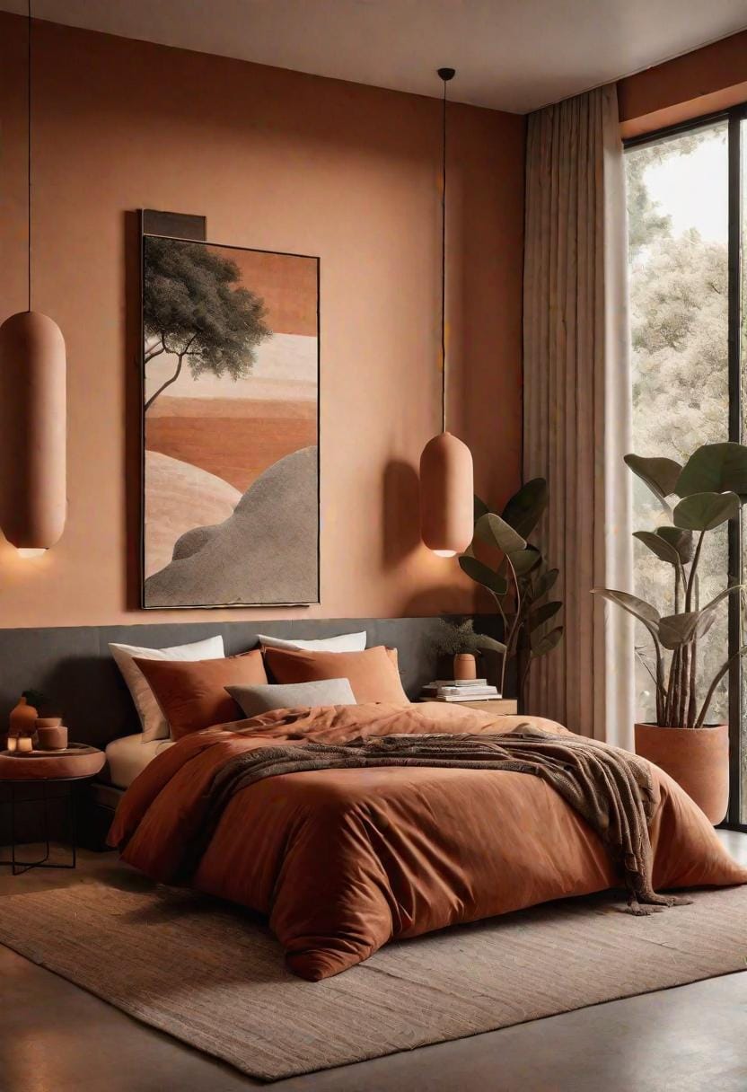 21 modern bedroom ideas for your 2025 makeover 60 18. Earth Modern center around terracotta colors and organic decorative pieces-1